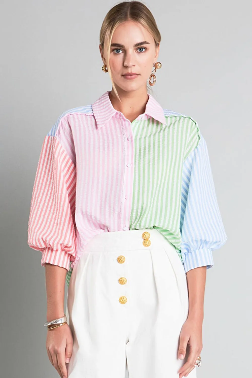 Striped Color Block Balloon Sleeve Buttoned Loose Fit Shirt