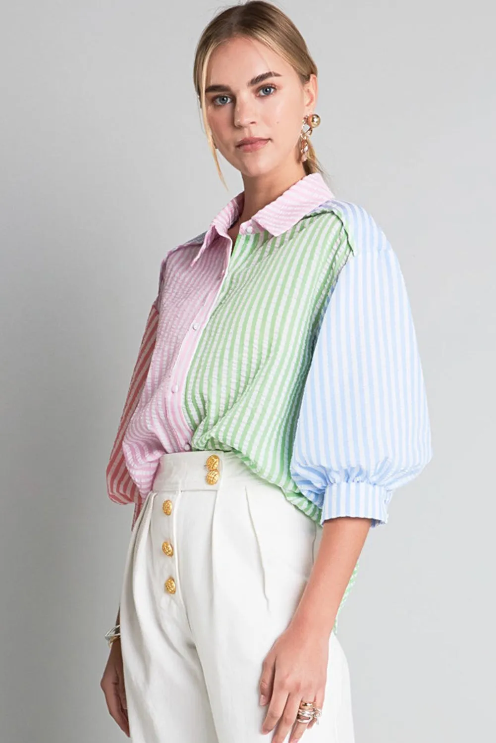 Striped Color Block Balloon Sleeve Buttoned Loose Fit Shirt