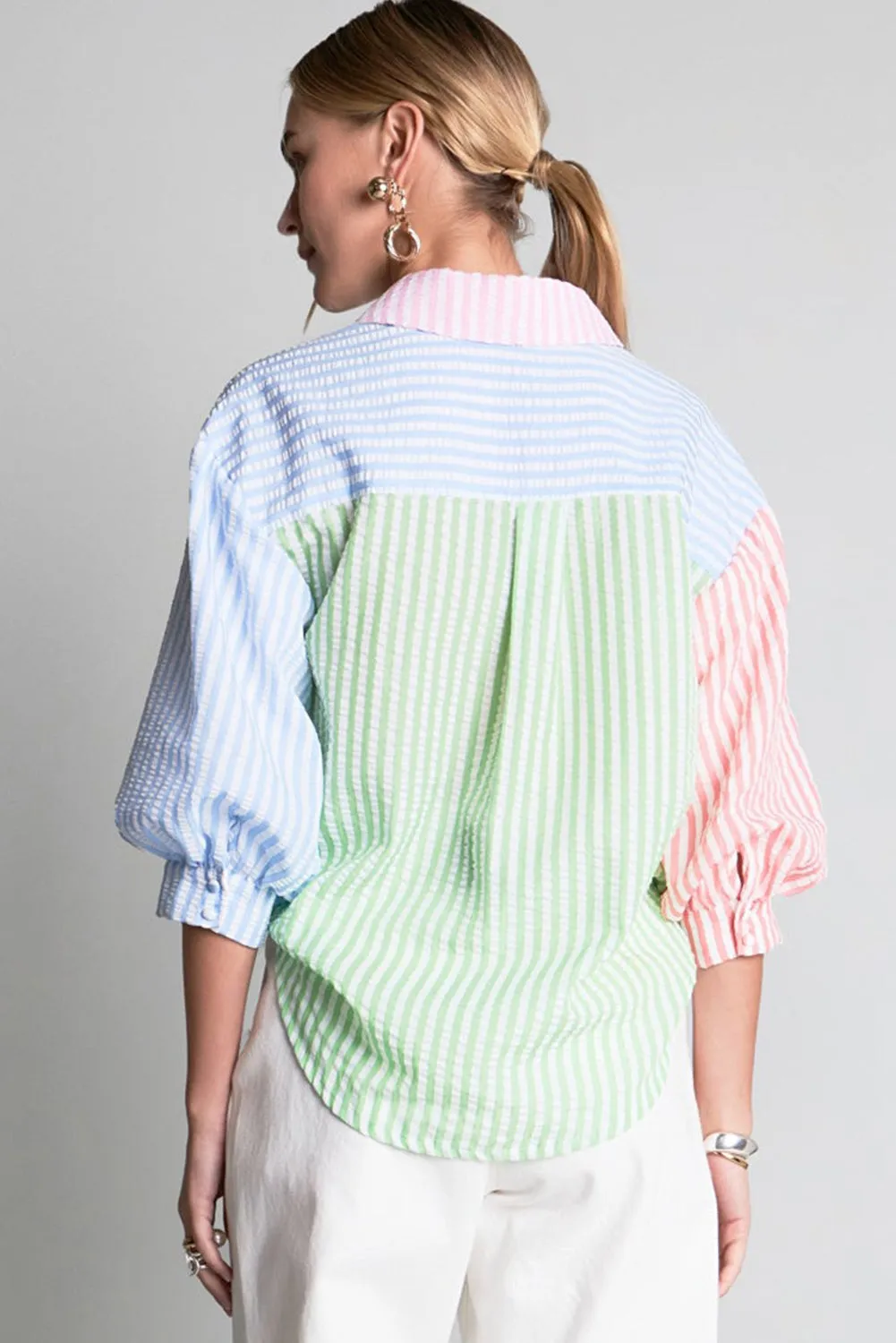 Striped Color Block Balloon Sleeve Buttoned Loose Fit Shirt
