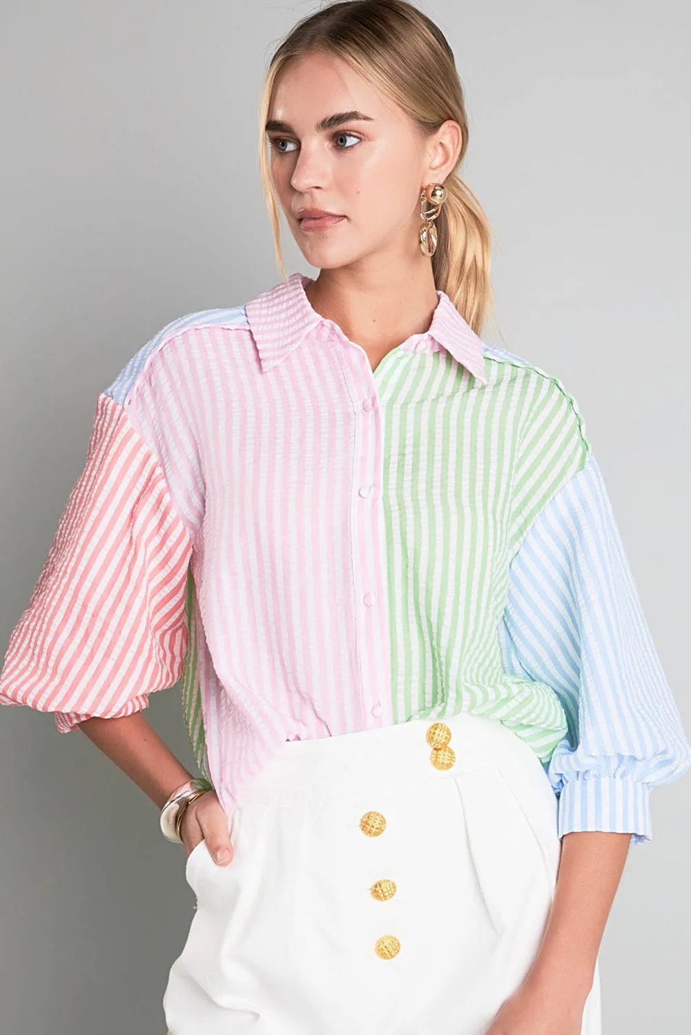 Striped Color Block Balloon Sleeve Buttoned Loose Fit Shirt