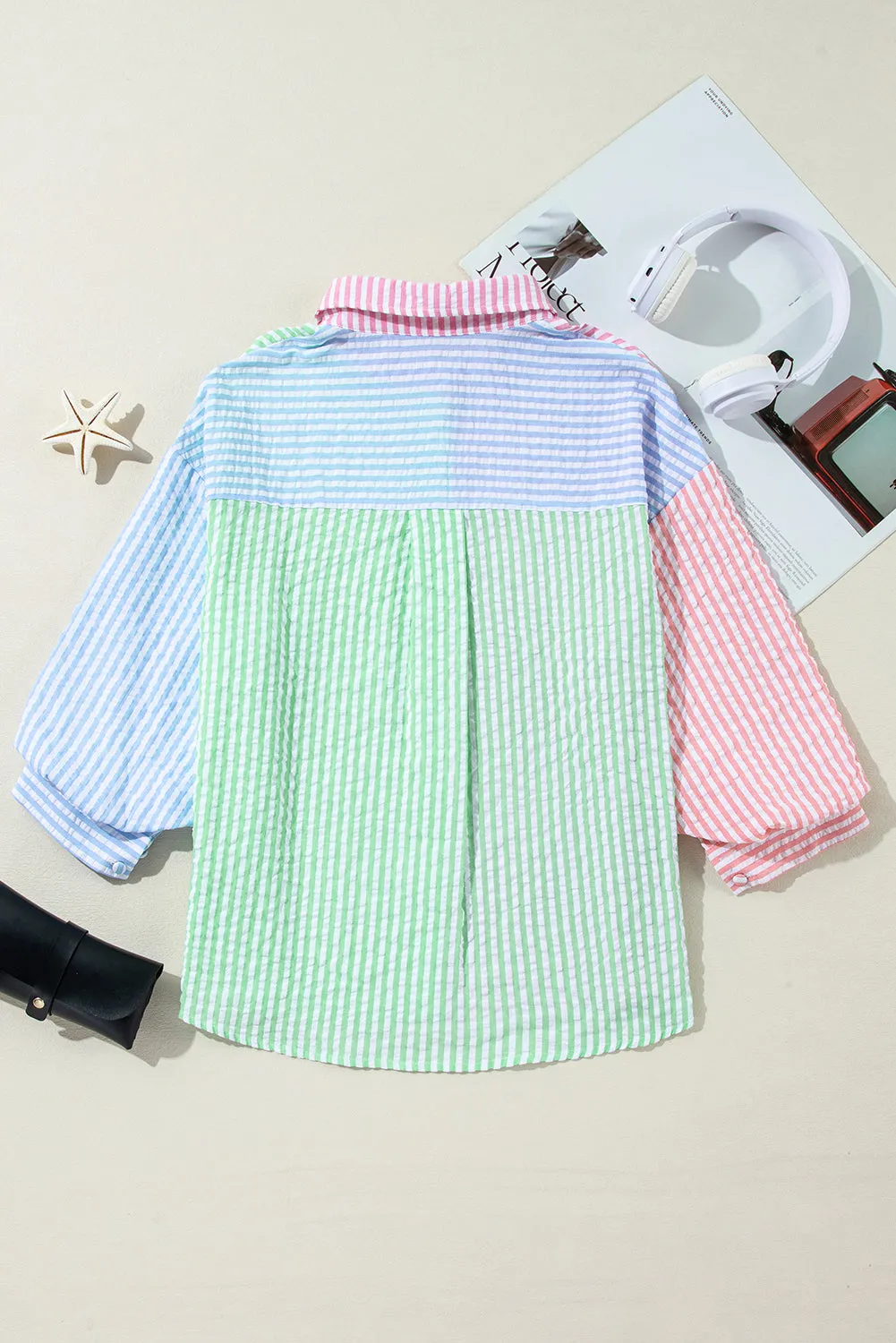 Striped Color Block Balloon Sleeve Buttoned Loose Fit Shirt