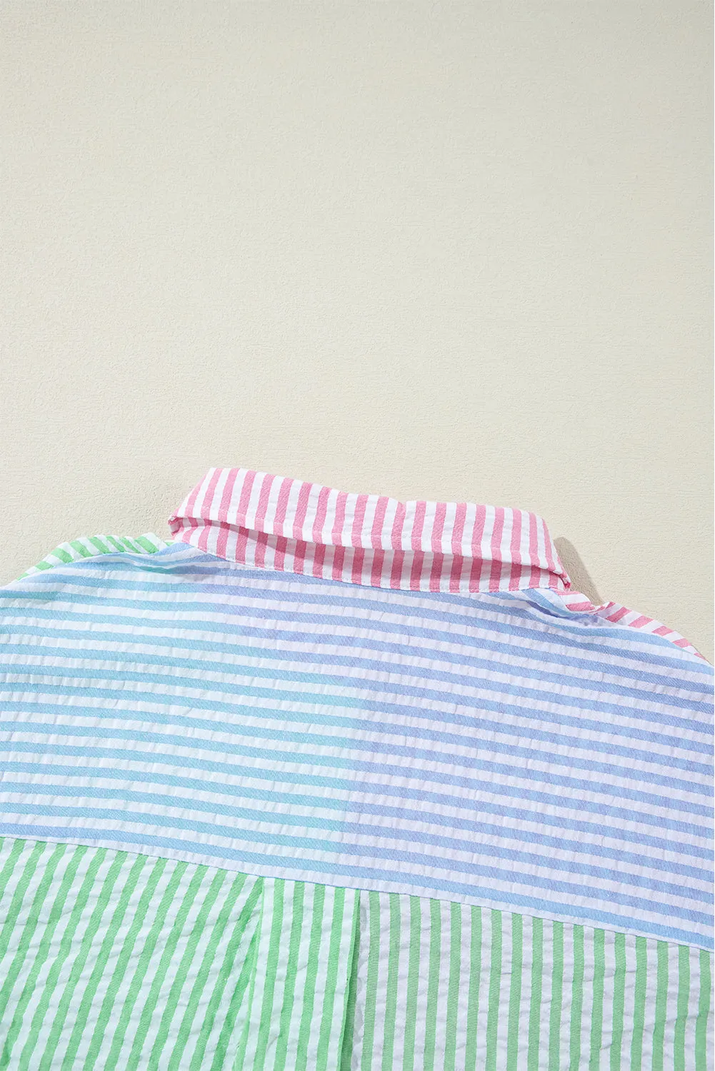 Striped Color Block Balloon Sleeve Buttoned Loose Fit Shirt