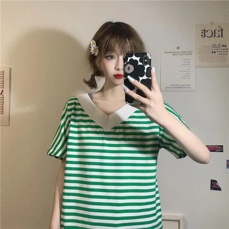 Striped Colors V Neck Loose Shirt