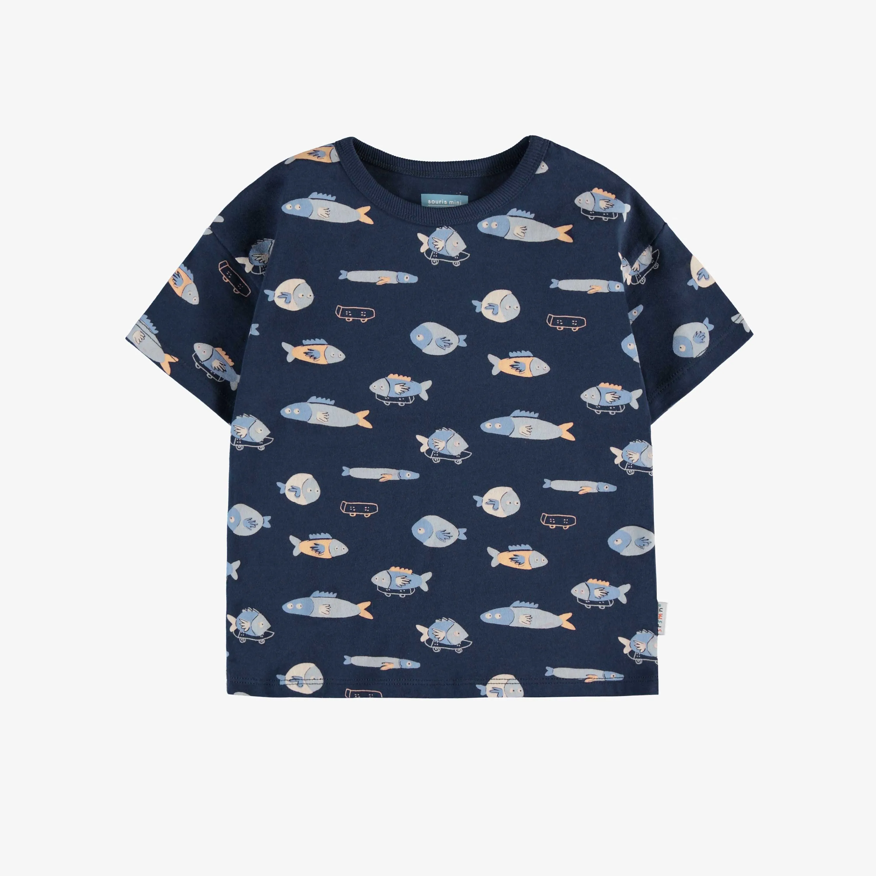 T-shirt ample marine avec motif de poissons en jersey doux, bébé || Loose-fitting navy t-shirt with fish all over print in soft jersey, baby