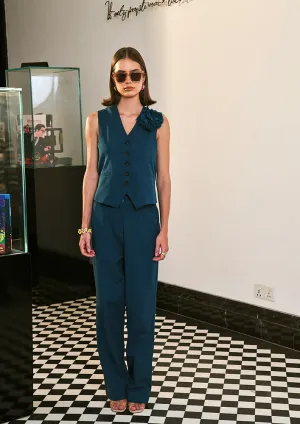 Teal Blue Sleeveless Front Button-Up Vest With High Waisted Pants