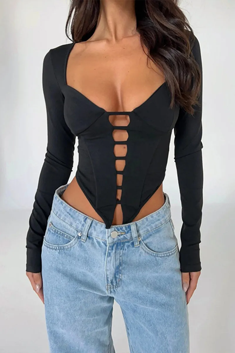 TI0603 Square Neck Cutout Crop Shirt