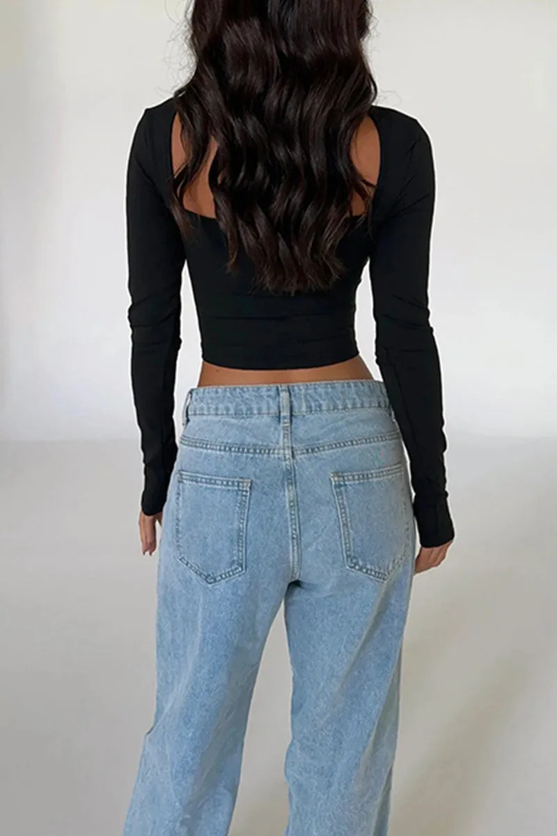 TI0603 Square Neck Cutout Crop Shirt
