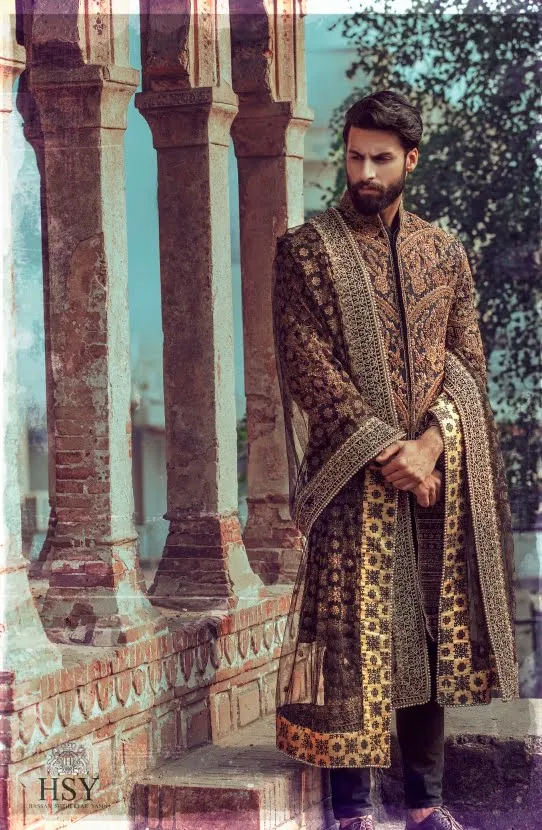 Traditional Midnight Blue Heavily Embellished Pakistani Groom Sherwani