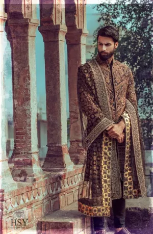 Traditional Midnight Blue Heavily Embellished Pakistani Groom Sherwani