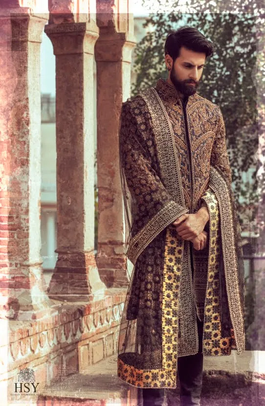 Traditional Midnight Blue Heavily Embellished Pakistani Groom Sherwani