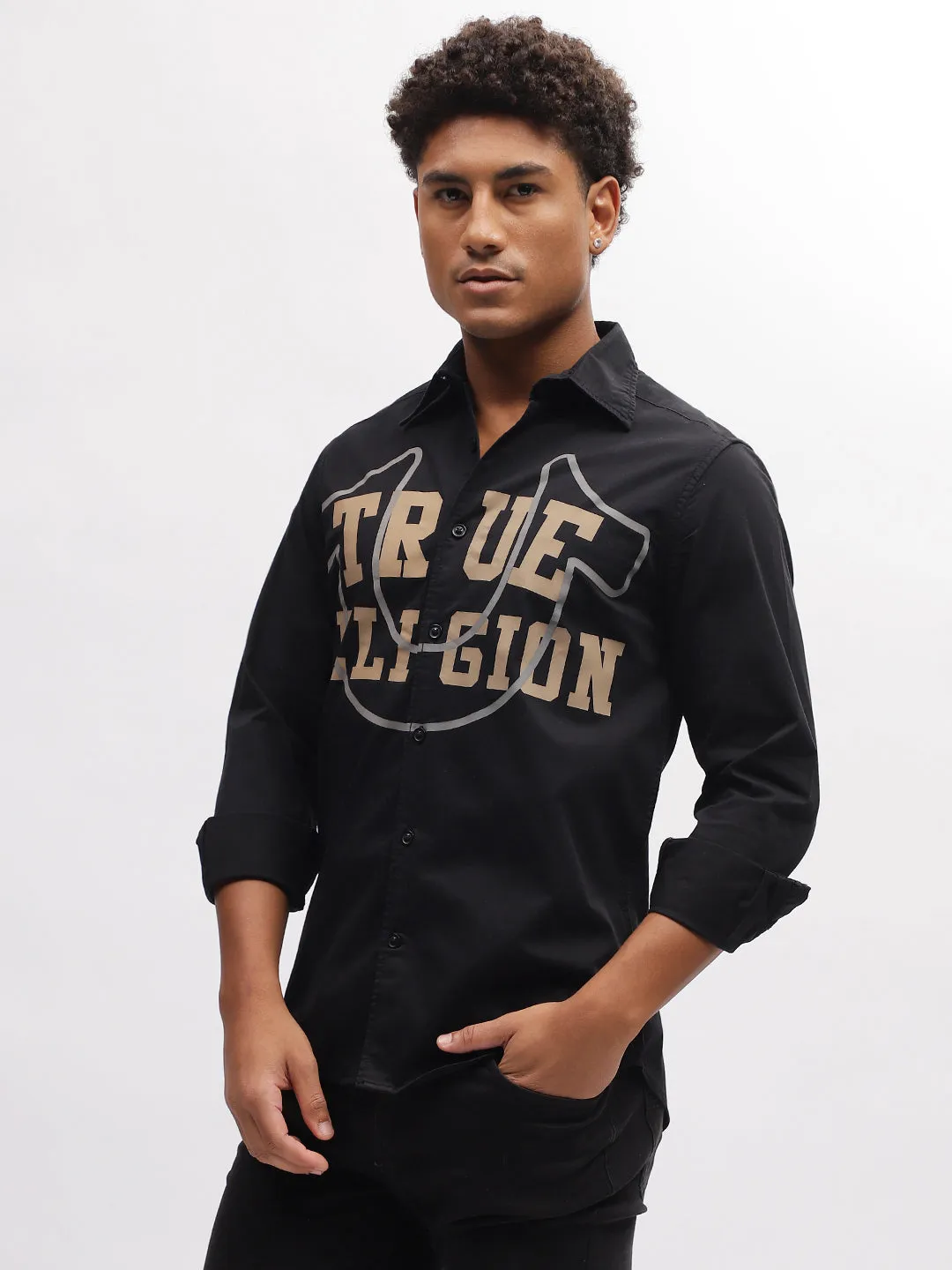 True Religion Men Black Solid Spread Collar Full Sleeves Shirt