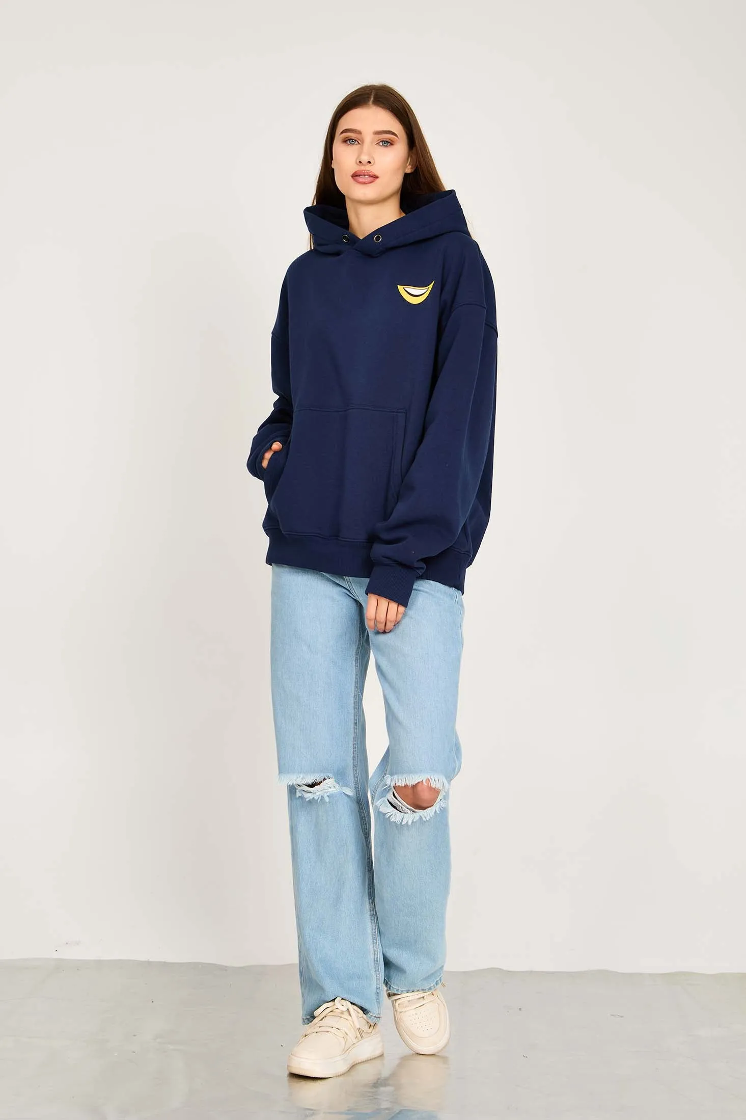 Unisex Sweat Shirt  Loose Fit Printed Hoodie Navy