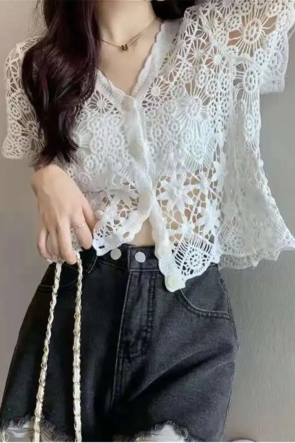 V-Neck Knitted Embroidered Crochet Open Shirts
