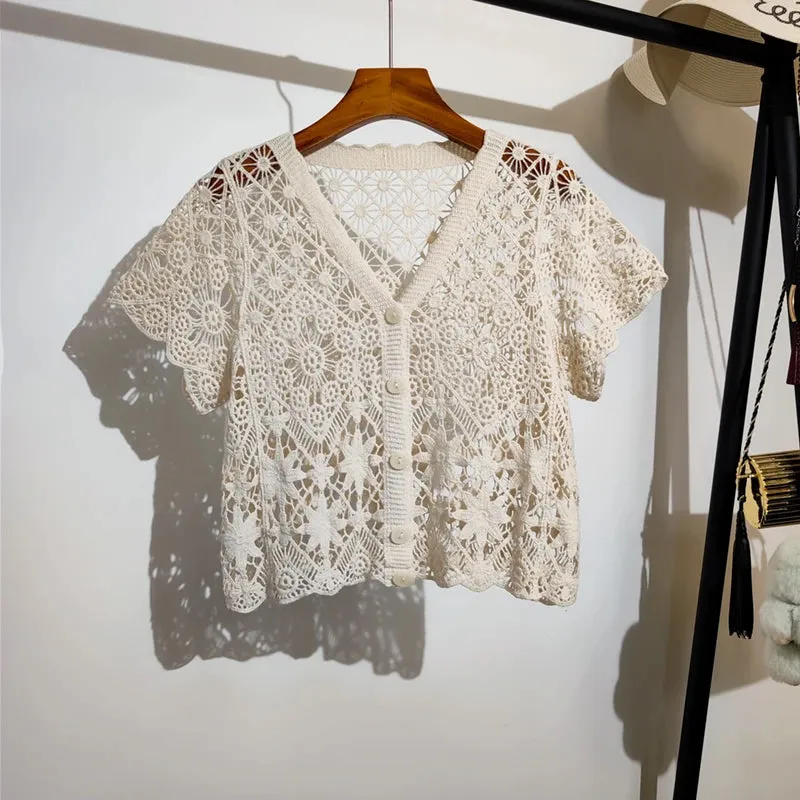 V-Neck Knitted Embroidered Crochet Open Shirts