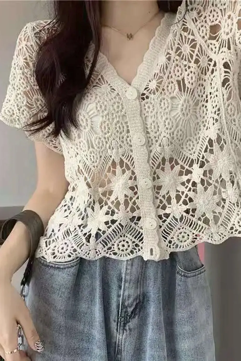 V-Neck Knitted Embroidered Crochet Open Shirts