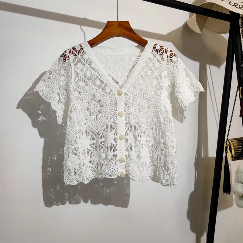 V-Neck Knitted Embroidered Crochet Open Shirts