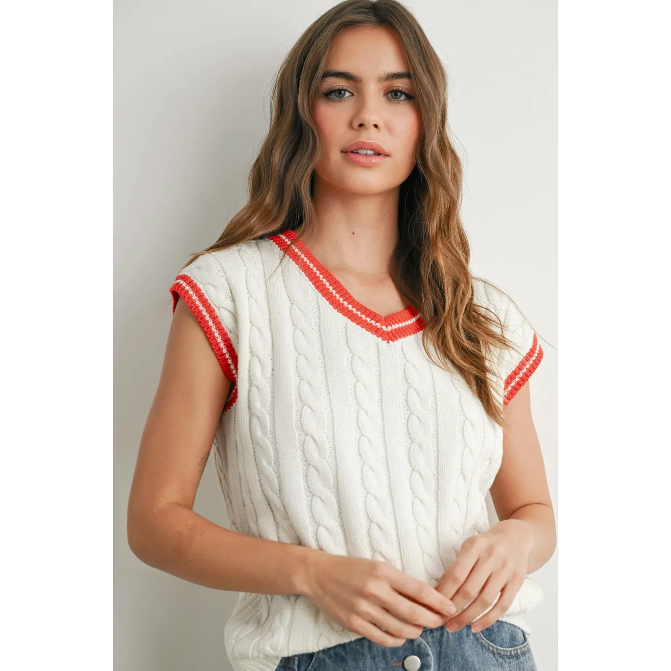 Varsity Charm Cable Knit Vest- GREEN