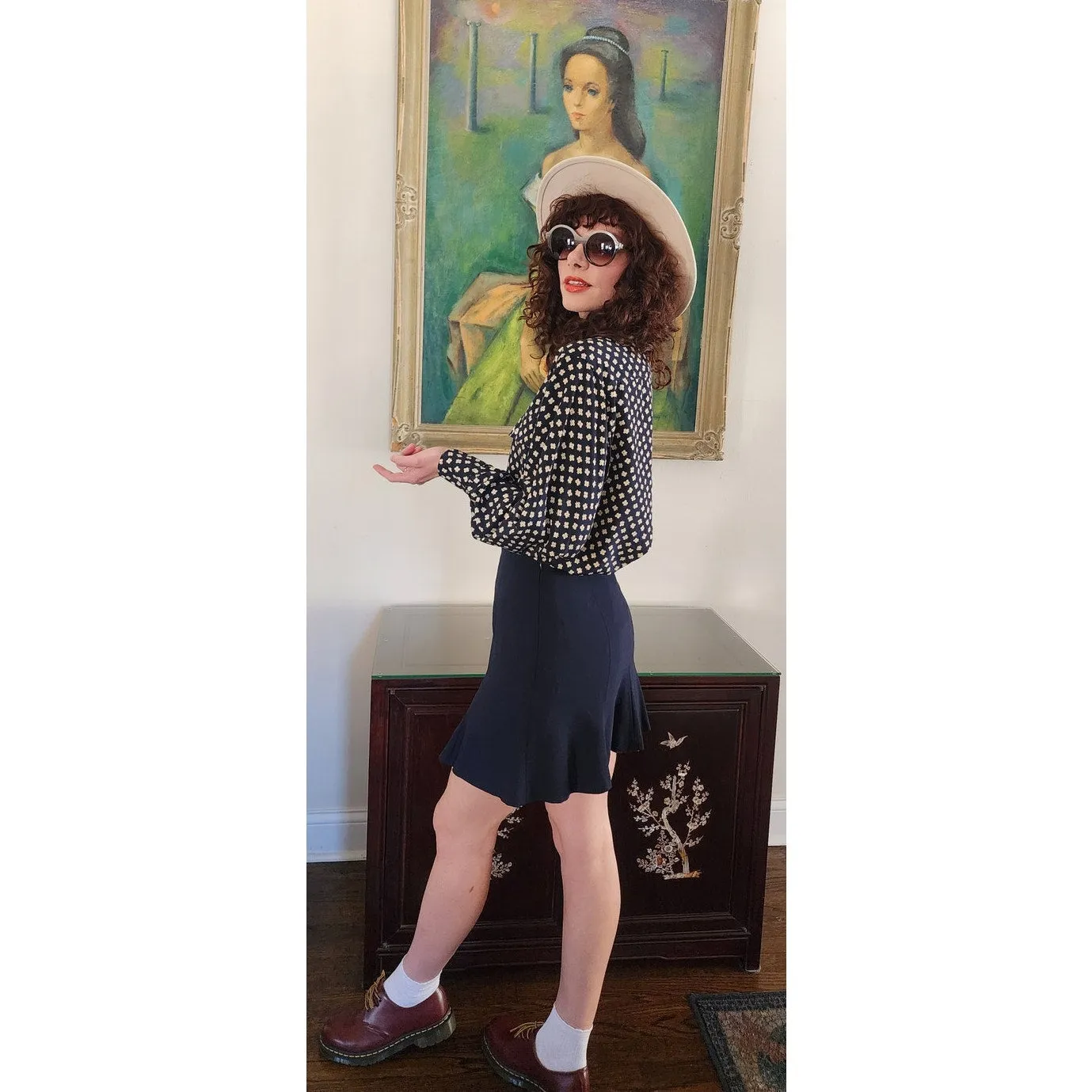 Vintage 80s Escada Blouse Navy Blue White Silkprint Shirt
