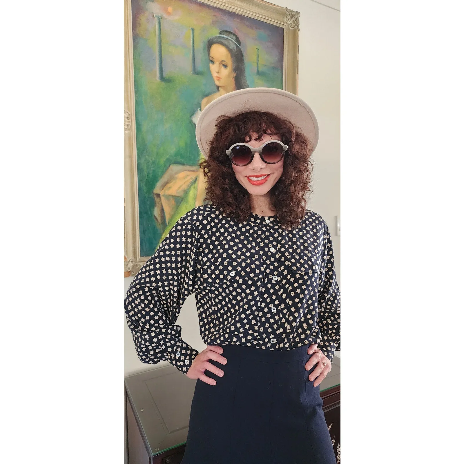 Vintage 80s Escada Blouse Navy Blue White Silkprint Shirt