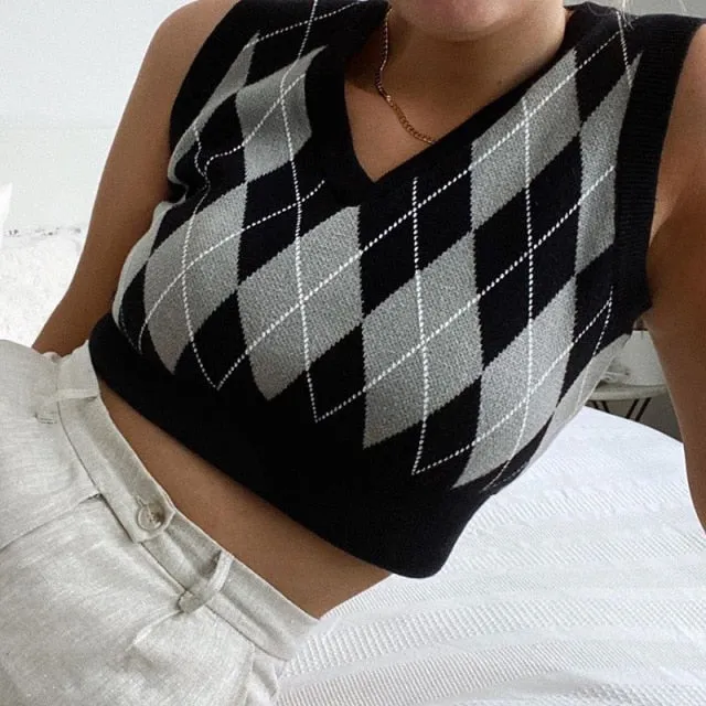 VintageCrop Top Argyle Sweater Vest V Neck Sleeveless Tank Jumper Preppy Style Plaid Knitted Pullover Autumn Winter Clothes