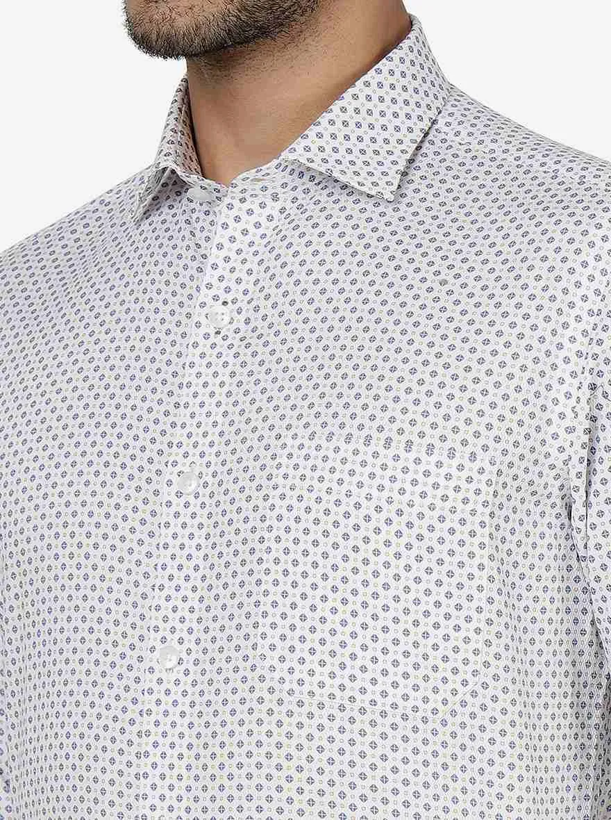 White & Blue Printed Slim Fit Formal Shirt | Metal
