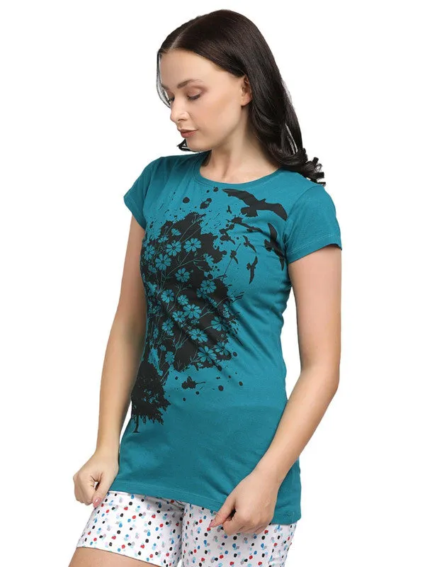 Women Sea Green Regular Fit Solid Top - CREW NECK TEE PRINT-SG