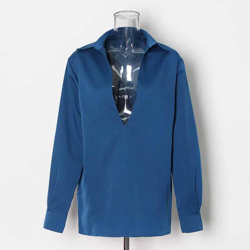 Women V Neck Silk Blouse Loose Franch Shirt