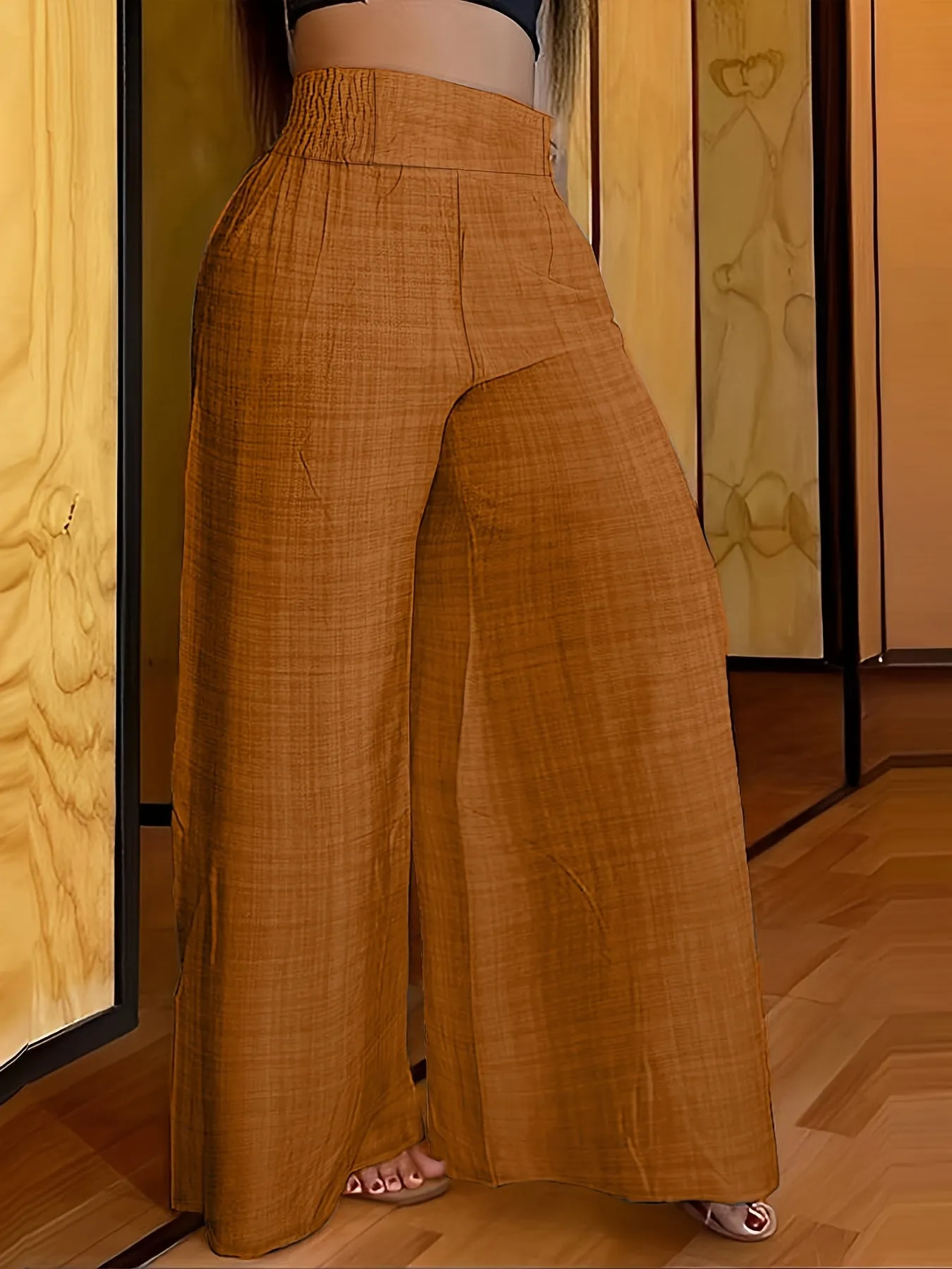 xieyinshe  Solid Simple Palazzo Pants, Casual Wide Leg Elastic Waist Pants, Women's Clothing