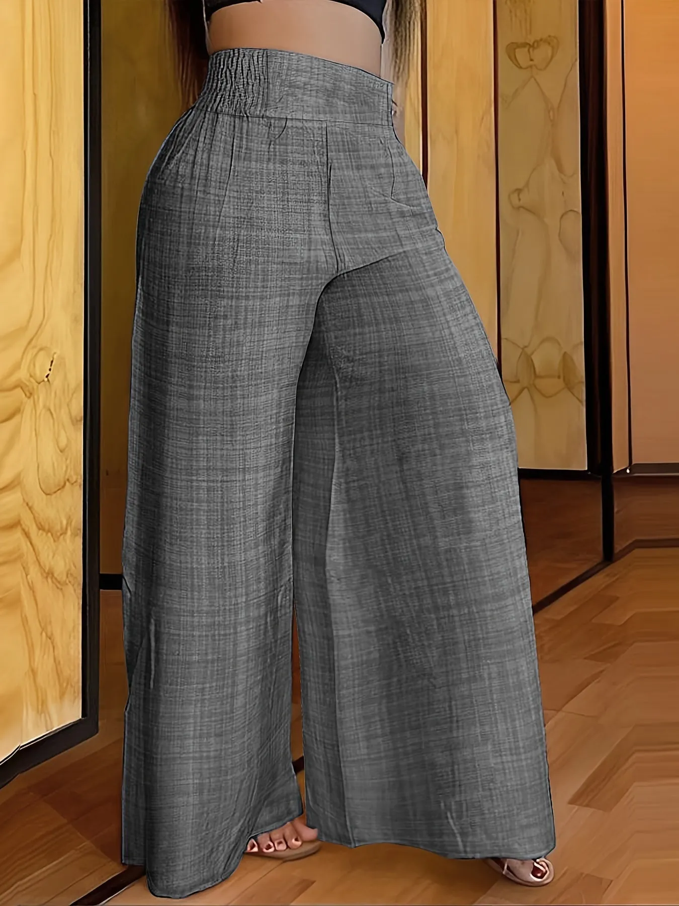 xieyinshe  Solid Simple Palazzo Pants, Casual Wide Leg Elastic Waist Pants, Women's Clothing