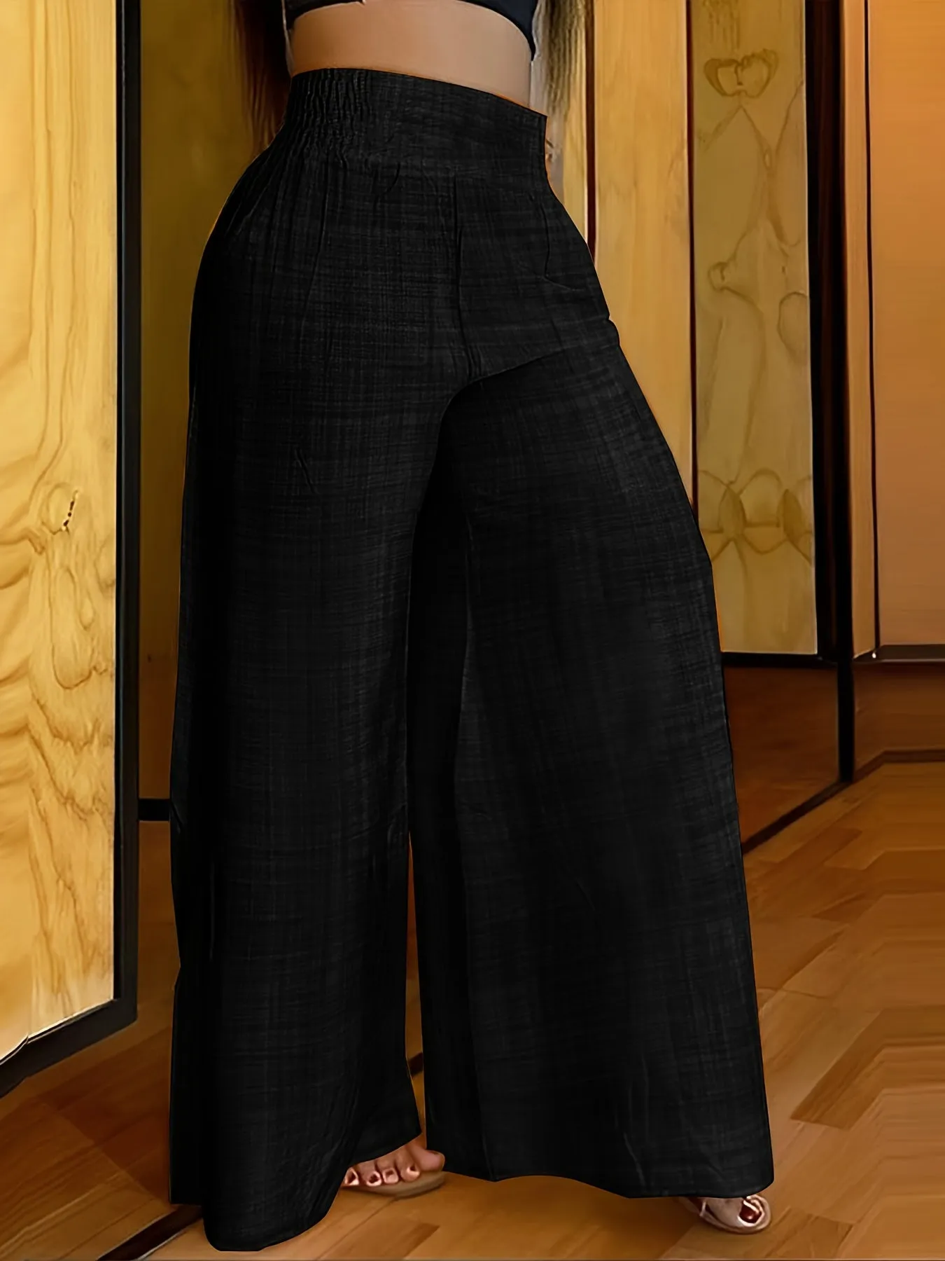 xieyinshe  Solid Simple Palazzo Pants, Casual Wide Leg Elastic Waist Pants, Women's Clothing