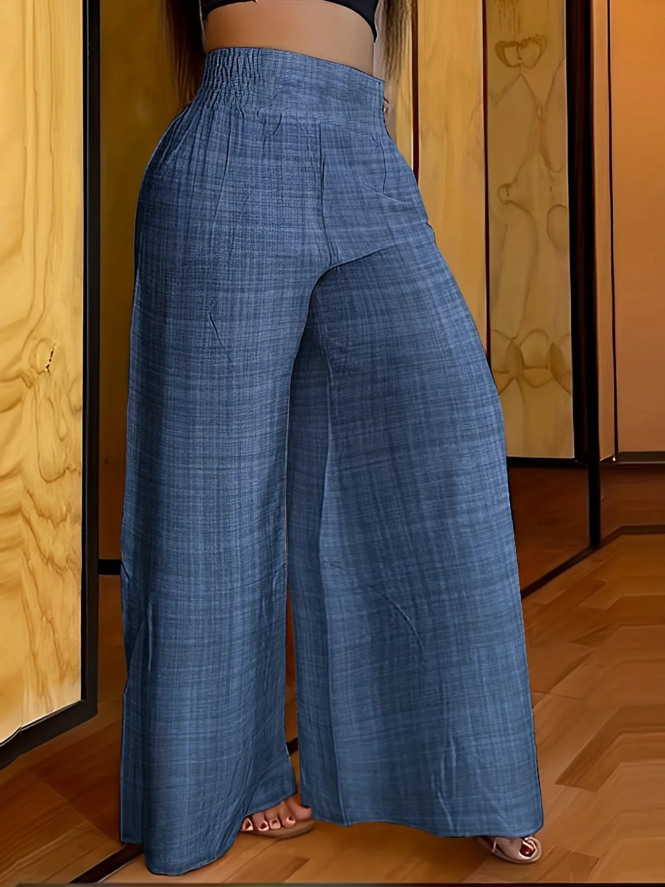 xieyinshe  Solid Simple Palazzo Pants, Casual Wide Leg Elastic Waist Pants, Women's Clothing